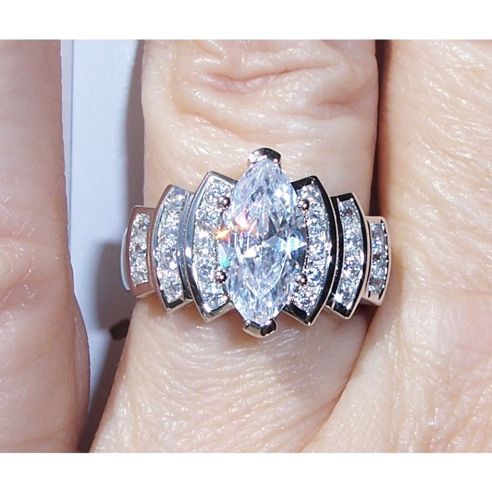 925 STERLING SILVER Marquise Cubic Zirconia Stair Step Tier Ring - Picture 5 of 16